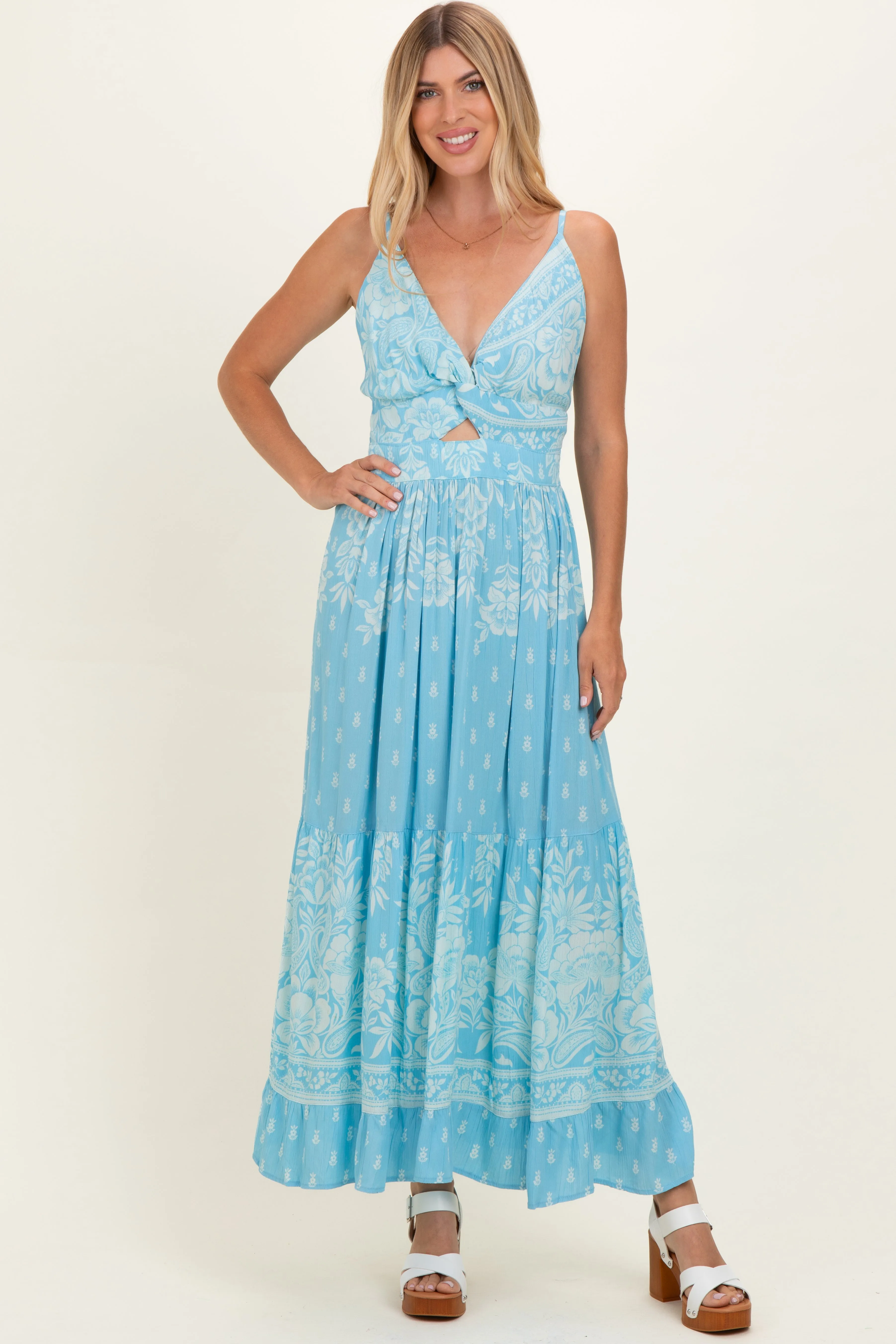 Light Blue V-Neck Twist Front Cut Out Maternity Maxi Dress sold by Pinkblush product image thumbnail 4