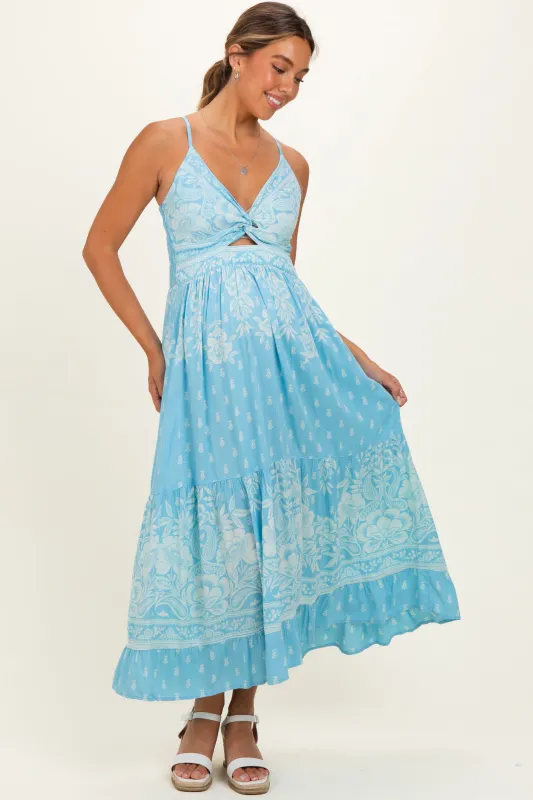 Light Blue V-Neck Twist Front Cut Out Maternity Maxi Dress made by Angie