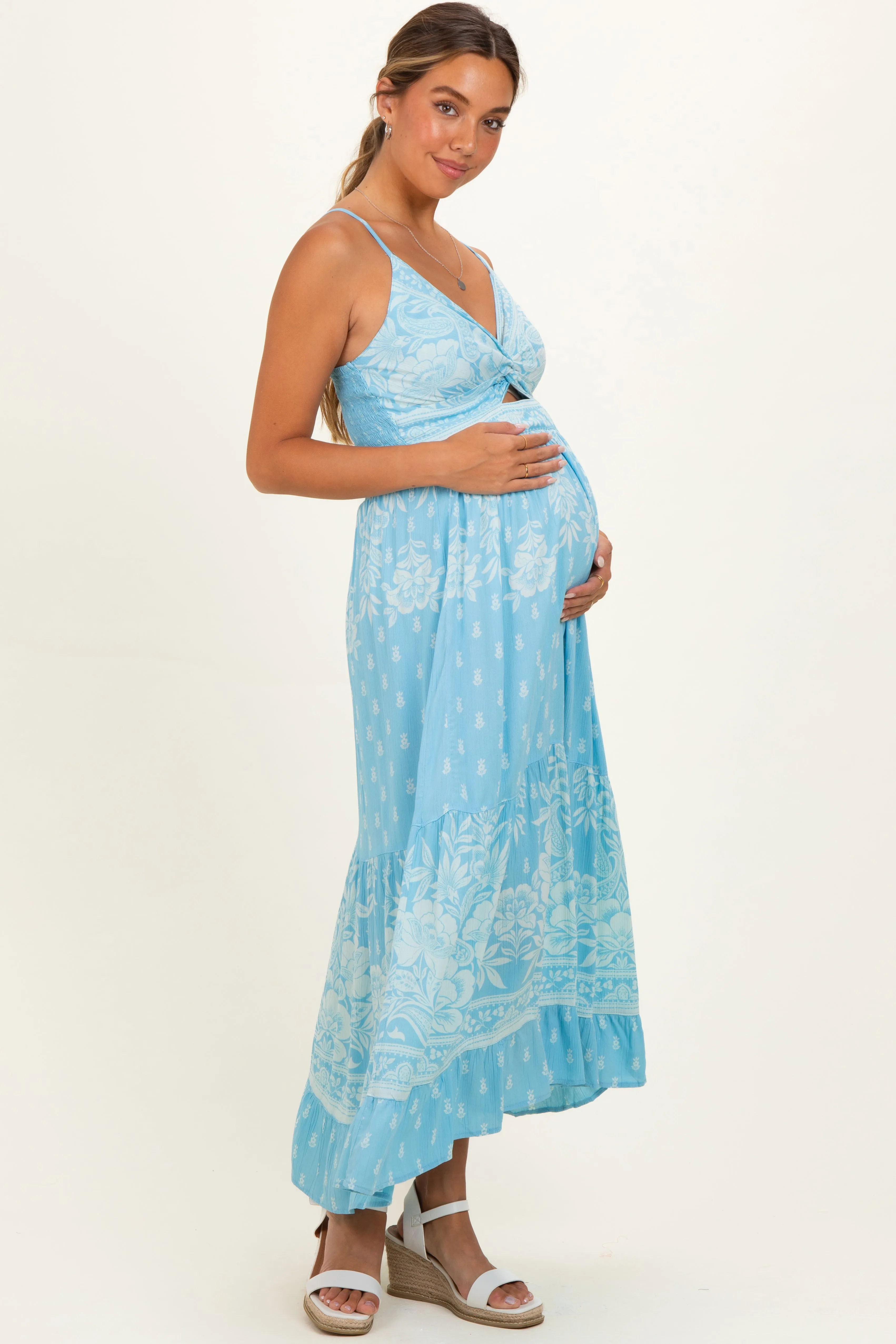 Light Blue V-Neck Twist Front Cut Out Maternity Maxi Dress sold by Pinkblush product image thumbnail 2
