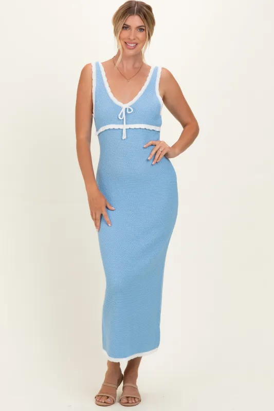 Light Blue Knit Sleeveless Contrast Trim Maxi Dress made by So Me