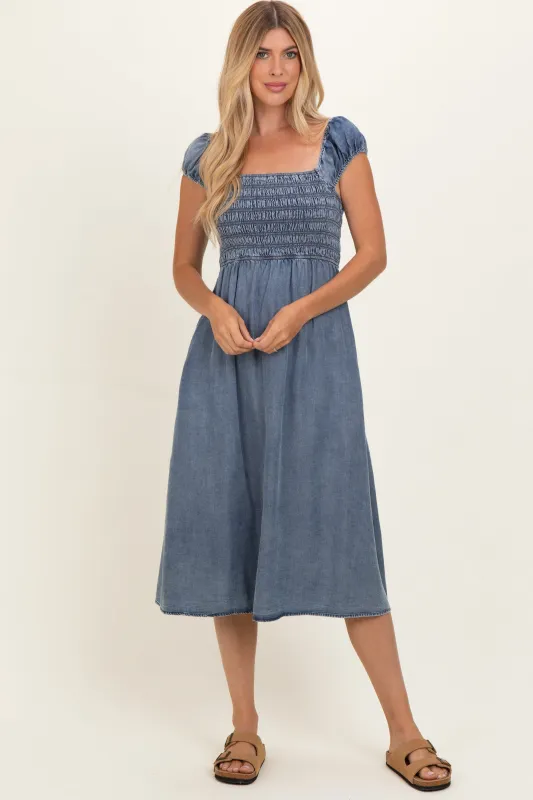 Medium Denim Chambray Smocked Midi Dress made by Final Touch