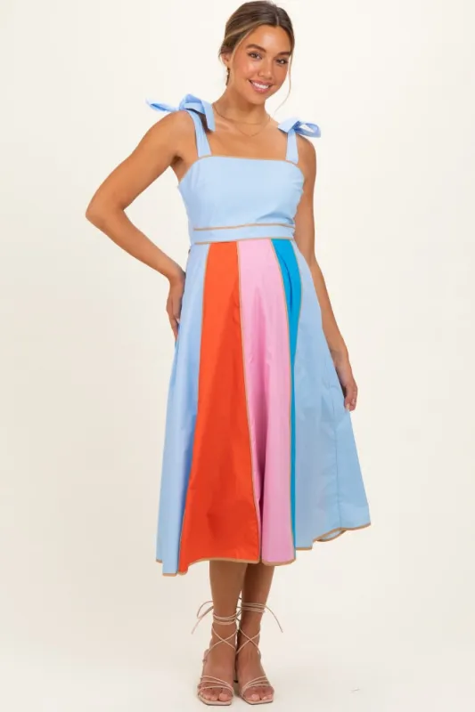 Light Blue Colorblock Shoulder Tie Maternity Midi Dress made by entro