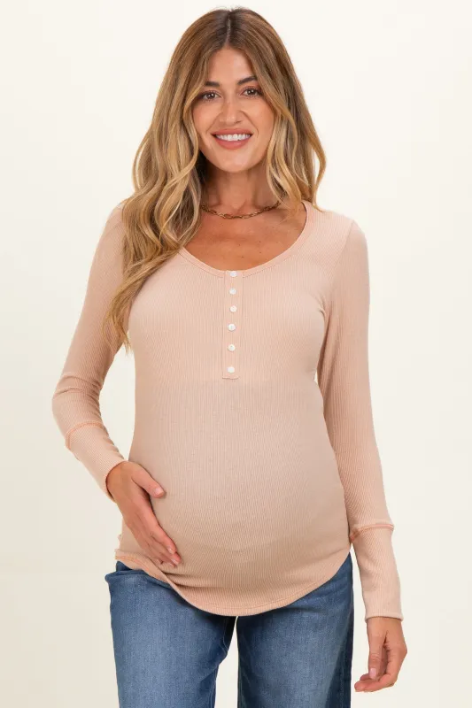 Beige Ribbed Henley Maternity Top made by Pinkblush