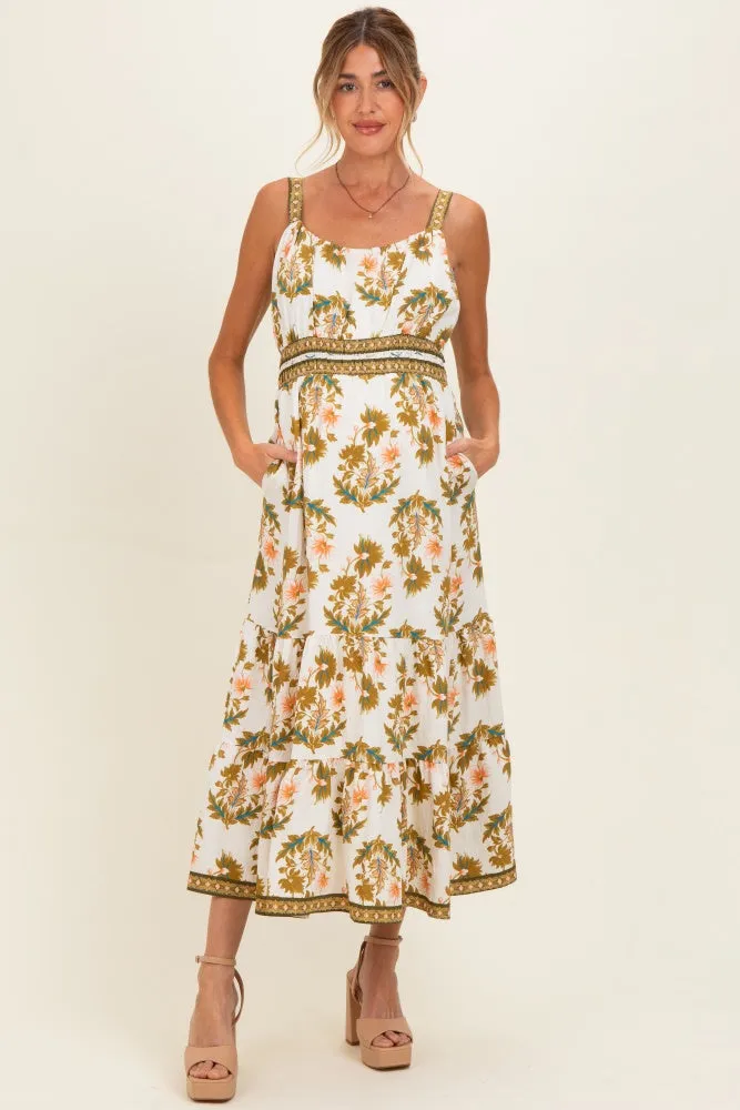 Olive Floral Sleeveless Tiered Maternity Maxi Dress sold by Pinkblush