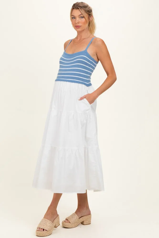 Blue Striped Knit Top Tiered Maternity Midi Dress sold by Pinkblush product image thumbnail 2
