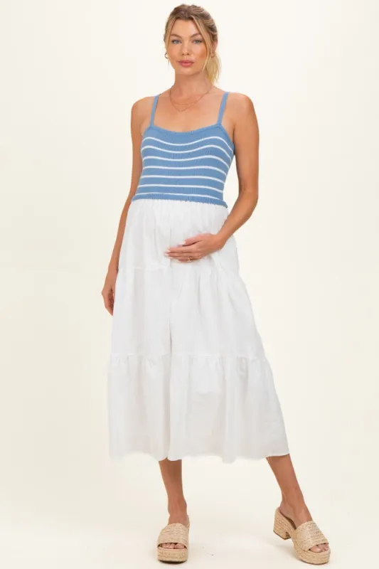 Blue Striped Knit Top Tiered Maternity Midi Dress made by Pinkblush