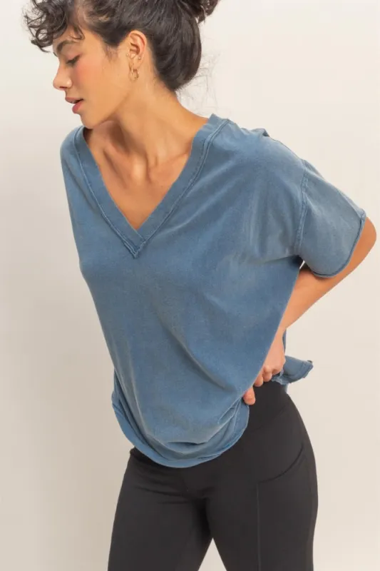 Navy Washed V-Neck Oversized Tee made by HYFVE
