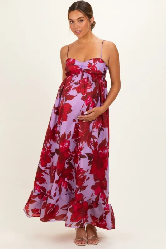 Lavender Floral Ruffle Hem Maternity Maxi Dress made by Flying Tomato