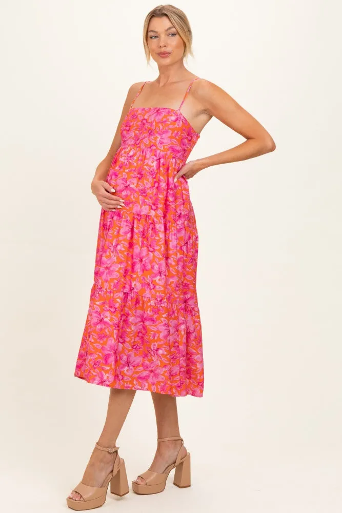 Fuchsia Floral Sleeveless Tiered Maternity Midi Dress sold by Pinkblush product image thumbnail 2
