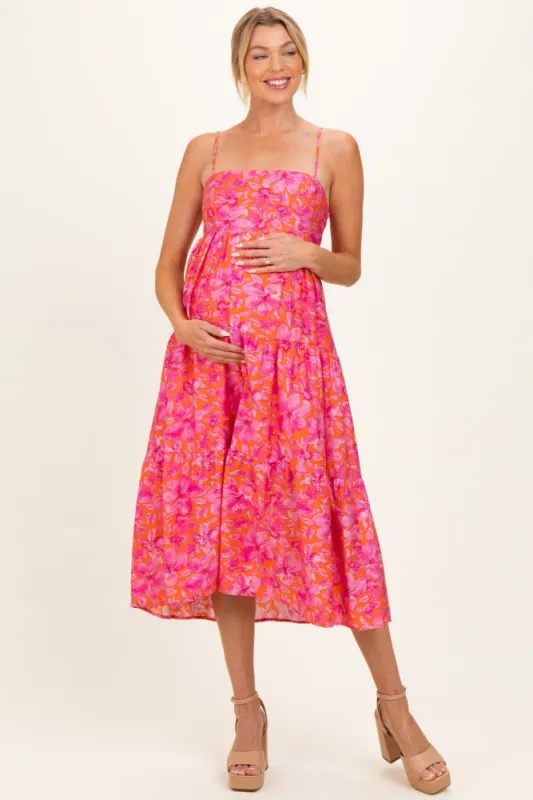Fuchsia Floral Sleeveless Tiered Maternity Midi Dress made by Gilli