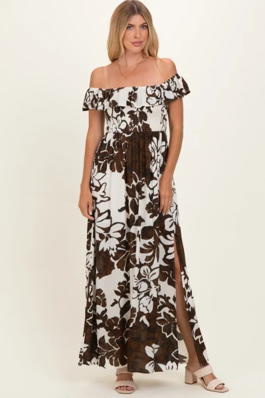Brown Floral Ruffle Off Shoulder Maxi Dress made by Promesa