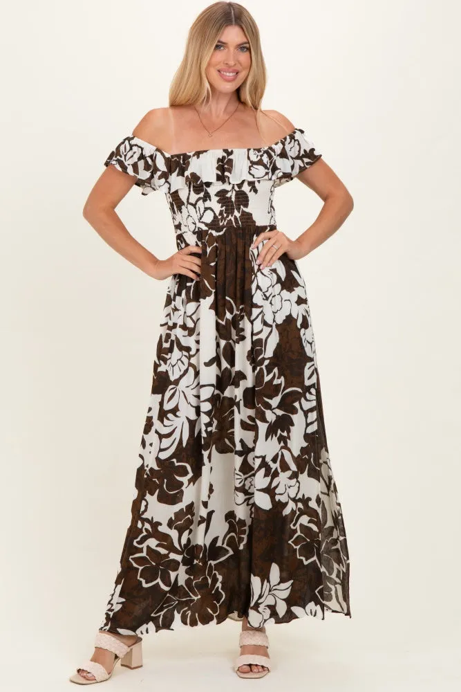 Brown Floral Ruffle Off Shoulder Maxi Dress sold by Pinkblush product image thumbnail 2