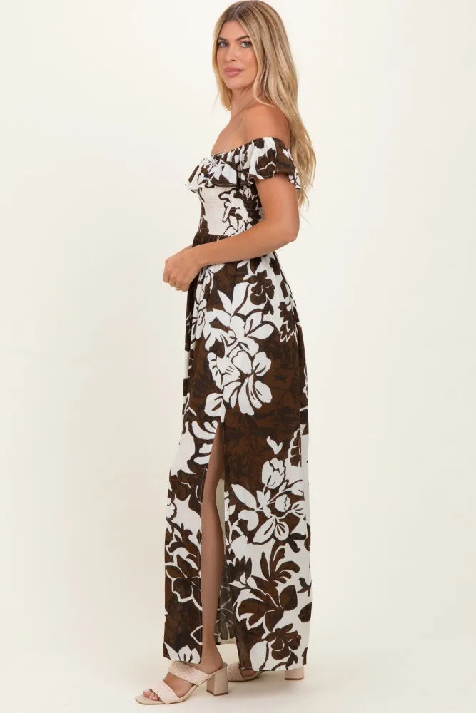 Brown Floral Ruffle Off Shoulder Maxi Dress sold by Pinkblush product image thumbnail 3