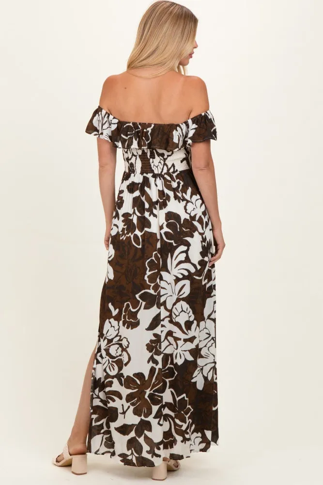 Brown Floral Ruffle Off Shoulder Maxi Dress sold by Pinkblush product image thumbnail 4