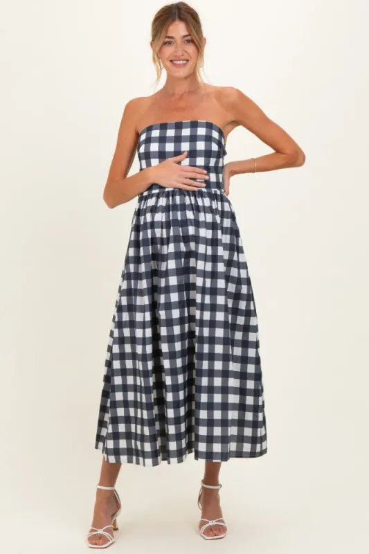 Navy Gingham Strapless Maternity Midi Dress made by entro