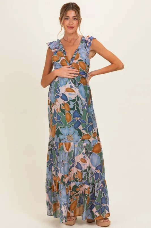 Blue Floral V-Neck Tiered Maternity Maxi Dress made by Pinkblush