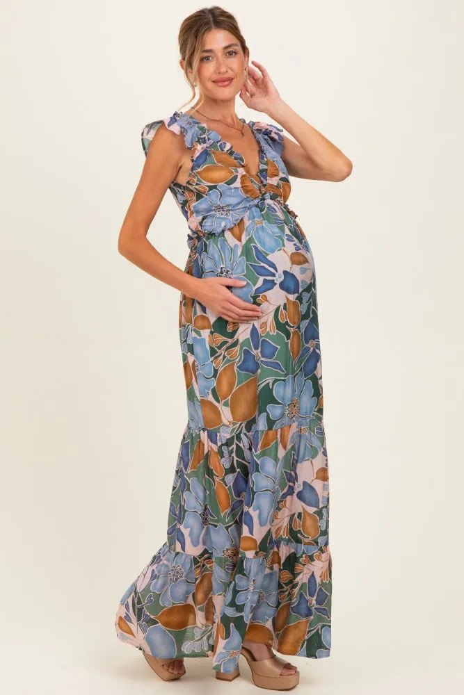 Blue Floral V-Neck Tiered Maternity Maxi Dress sold by Pinkblush product image thumbnail 2