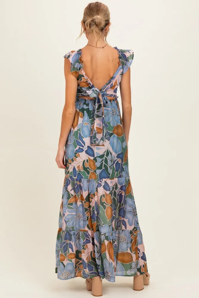 Blue Floral V-Neck Tiered Maternity Maxi Dress sold by Pinkblush product image thumbnail 3