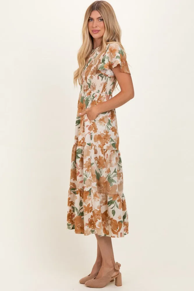 Mocha Floral Smocked Tiered Midi Dress sold by Pinkblush product image thumbnail 3