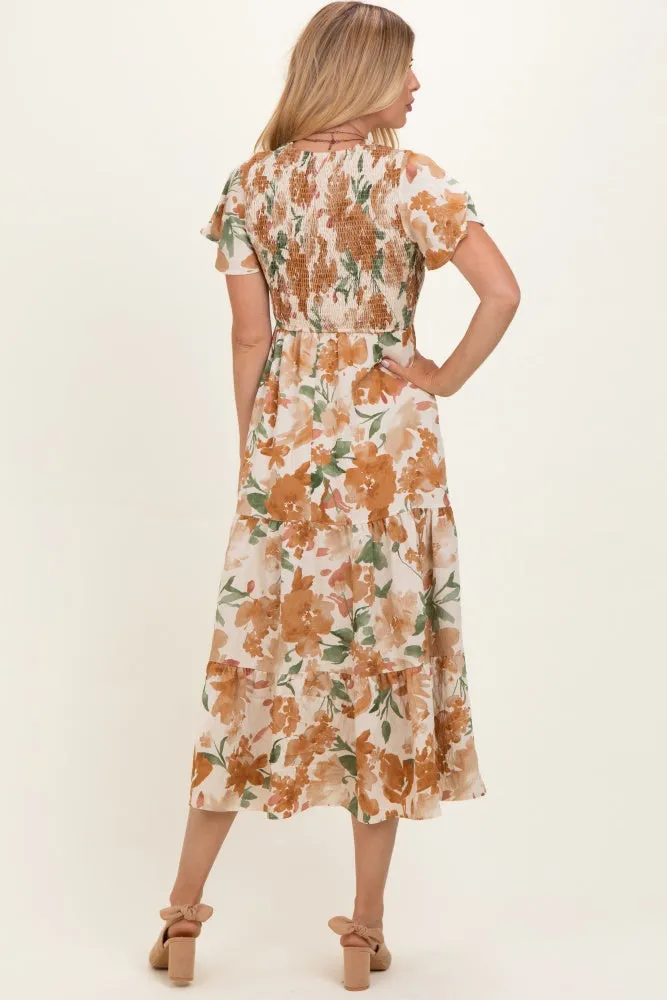 Mocha Floral Smocked Tiered Midi Dress sold by Pinkblush product image thumbnail 4