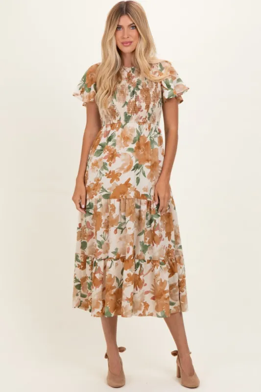 Mocha Floral Smocked Tiered Midi Dress made by Pinkblush