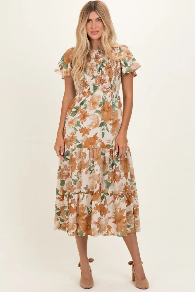 Mocha Floral Smocked Tiered Midi Dress sold by Pinkblush