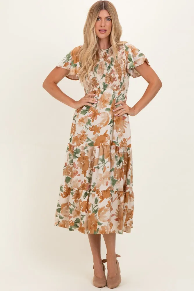 Mocha Floral Smocked Tiered Midi Dress sold by Pinkblush product image thumbnail 2