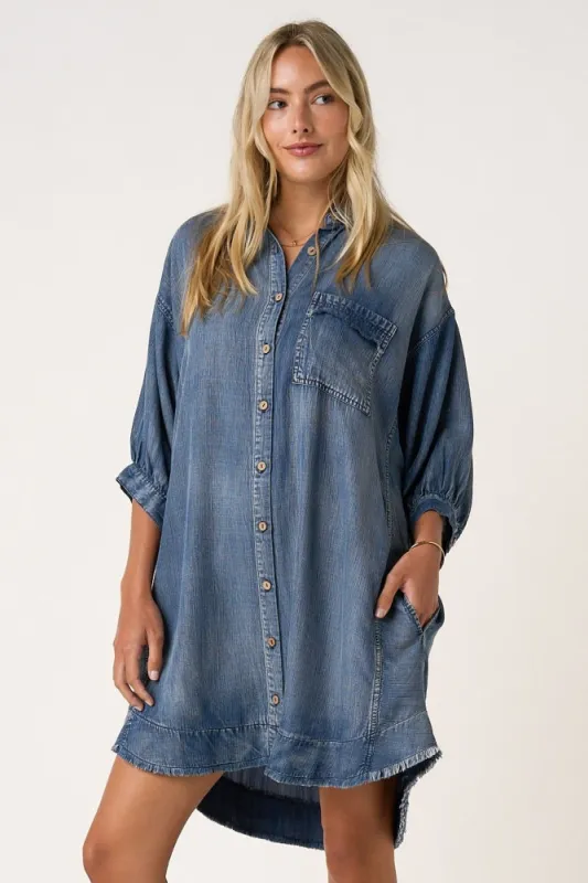 Dark Denim Chambray Dolman Sleeve Shirt Dress made by Pinkblush