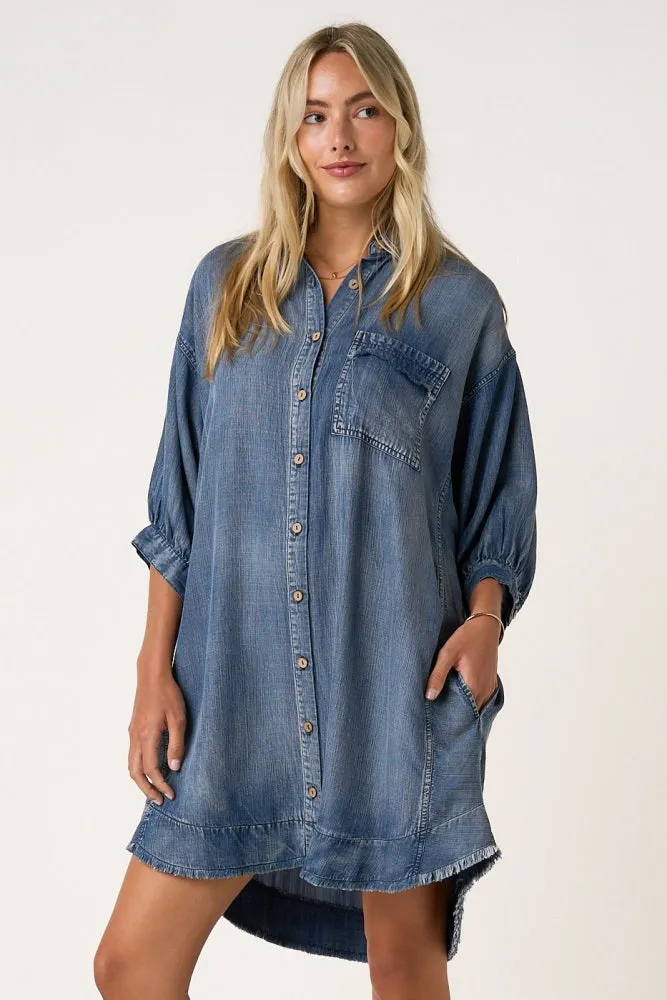 Dark Denim Chambray Dolman Sleeve Shirt Dress sold by Pinkblush