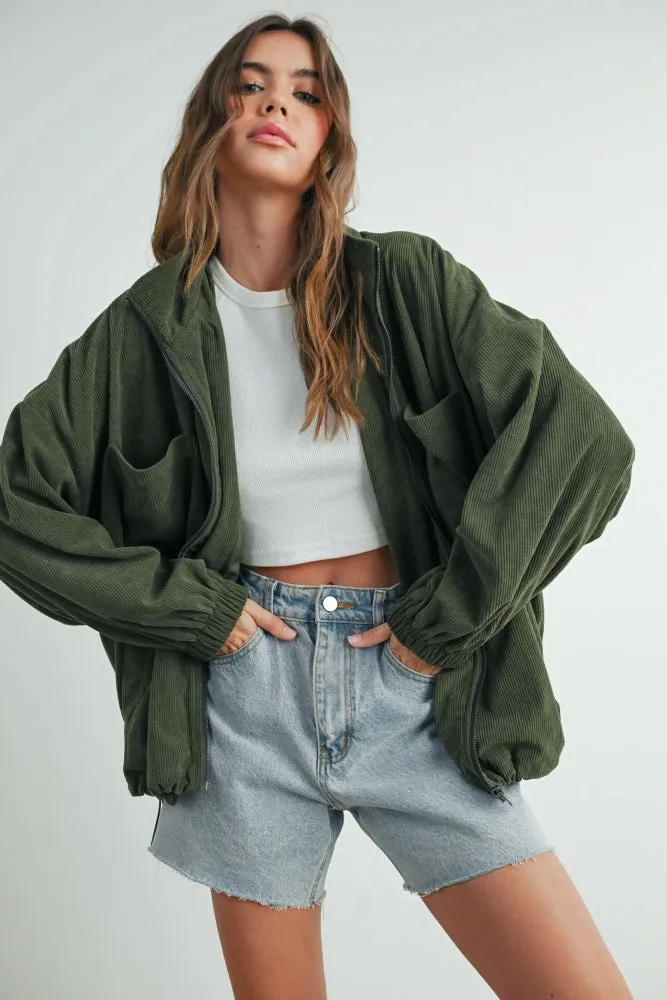 Olive Oversized Corduroy Zipper Jacket sold by Pinkblush product image thumbnail 2