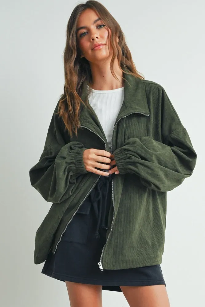 Olive Oversized Corduroy Zipper Jacket sold by Pinkblush