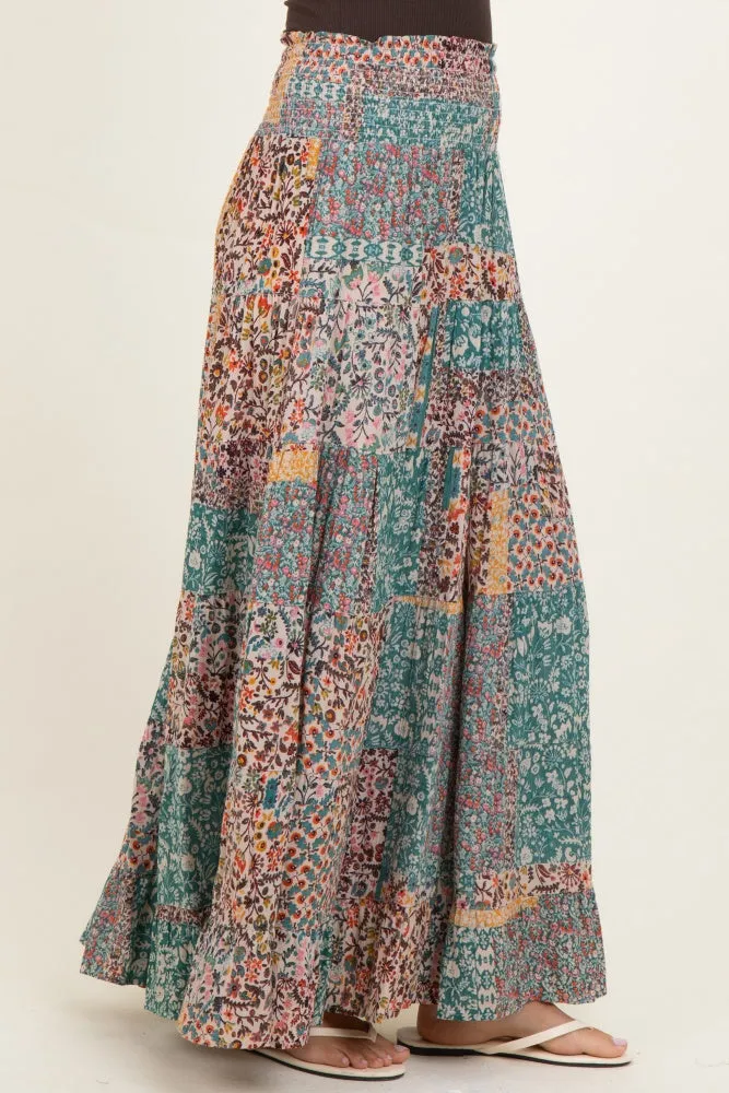 Teal Patchwork Print Smocked Waistband Maxi Skirt sold by Pinkblush product image thumbnail 3