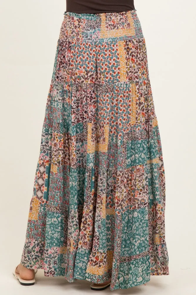 Teal Patchwork Print Smocked Waistband Maxi Skirt sold by Pinkblush product image thumbnail 4