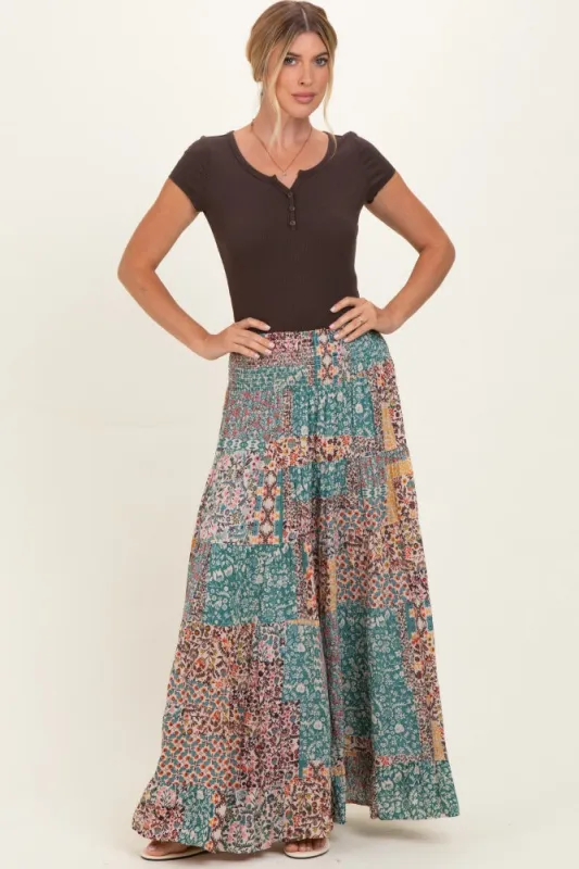 Teal Patchwork Print Smocked Waistband Maxi Skirt made by Angie