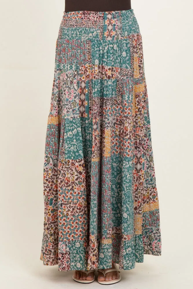 Teal Patchwork Print Smocked Waistband Maxi Skirt sold by Pinkblush product image thumbnail 2