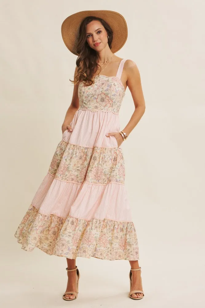 Peach Multi Floral Tiered Sleeveless Midi Dress sold by Pinkblush product image thumbnail 2