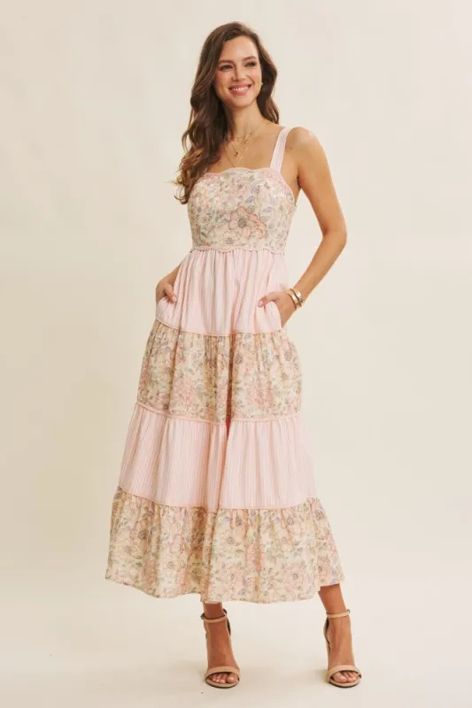 Peach Multi Floral Tiered Sleeveless Midi Dress made by In February