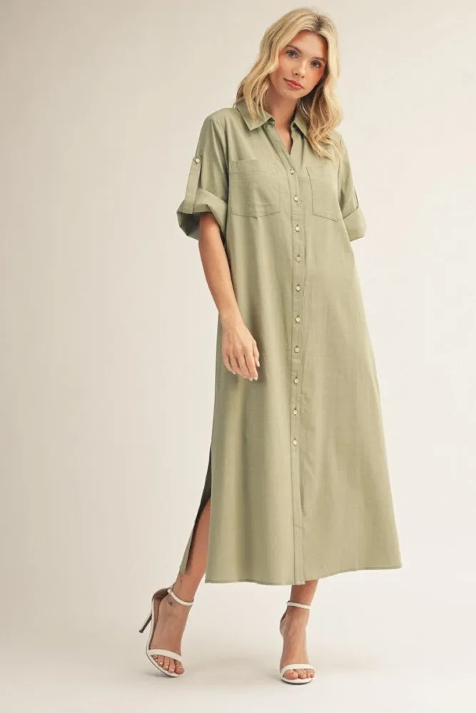 Sage Side Slit Button Down Midi Dress sold by Pinkblush product image thumbnail 2