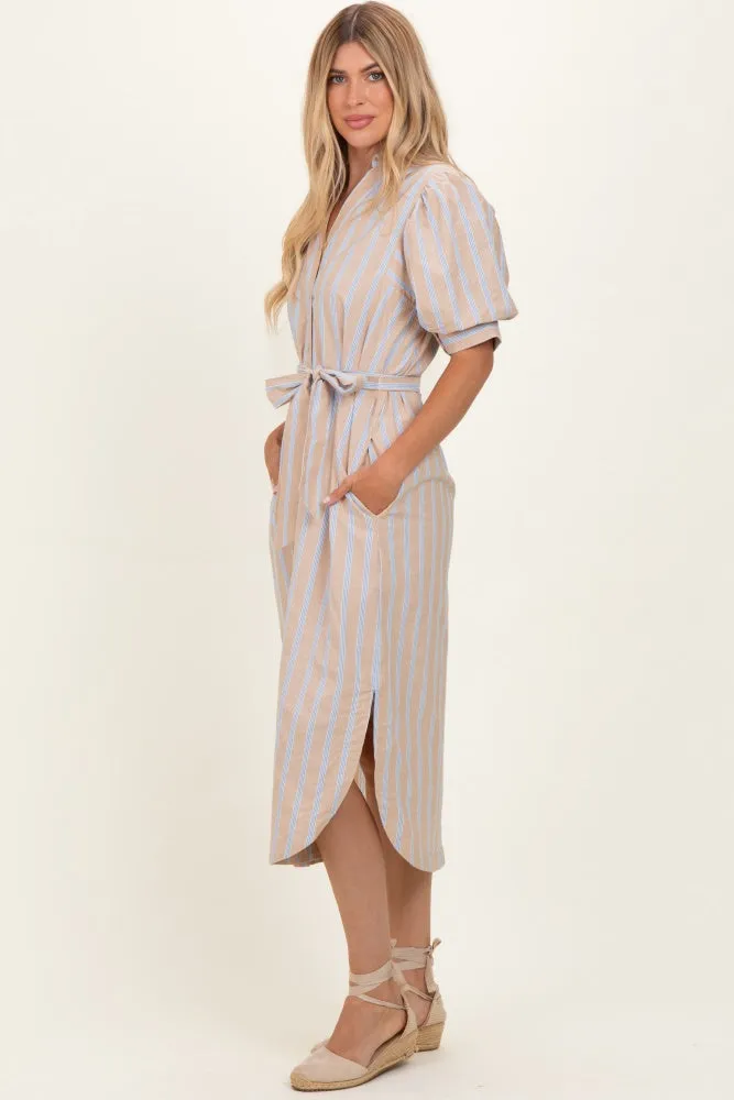 Sand Striped Puff Sleeve Midi Shirt Dress sold by Pinkblush product image thumbnail 2