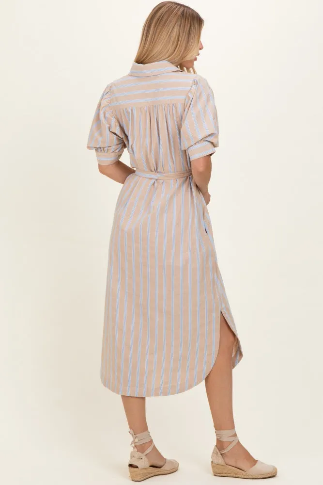 Sand Striped Puff Sleeve Midi Shirt Dress sold by Pinkblush product image thumbnail 3