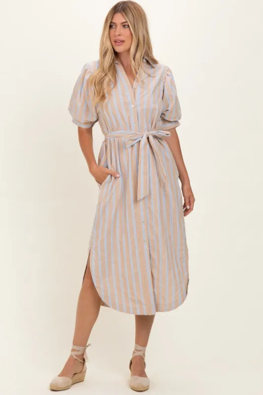 Sand Striped Puff Sleeve Midi Shirt Dress made by entro