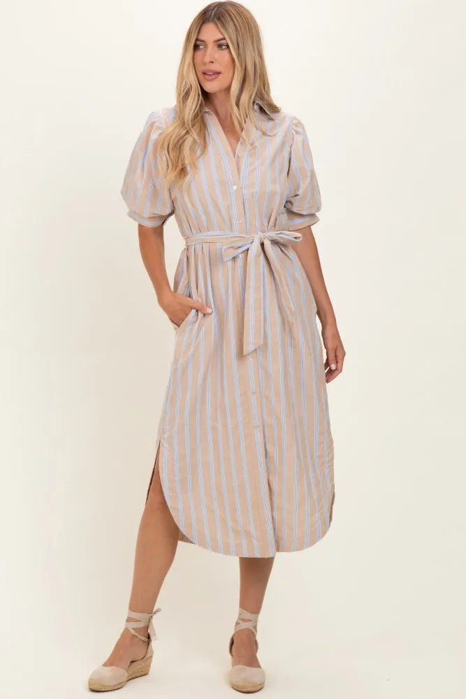 Sand Striped Puff Sleeve Midi Shirt Dress sold by Pinkblush