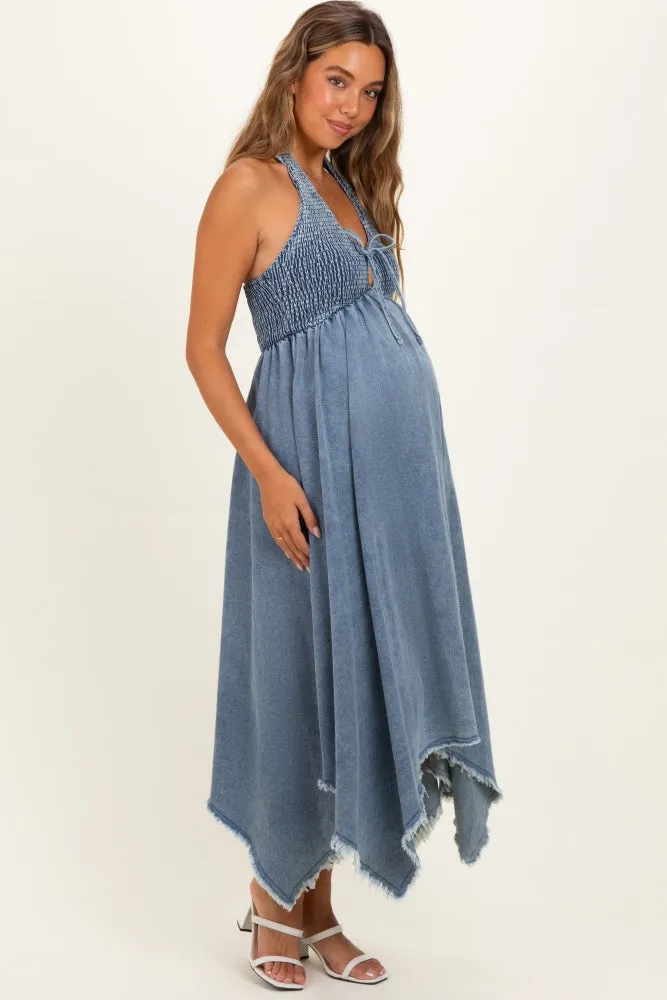 Light Denim Smocked Halter Handkerchief Maternity Dress sold by Pinkblush product image thumbnail 3