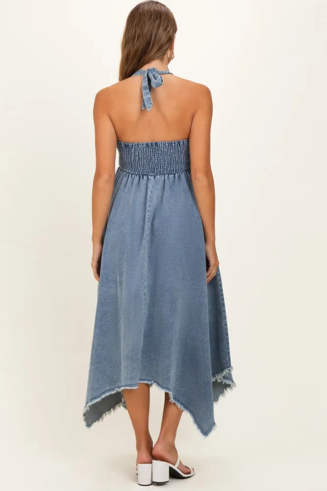 Light Denim Smocked Halter Handkerchief Maternity Dress sold by Pinkblush product image thumbnail 4