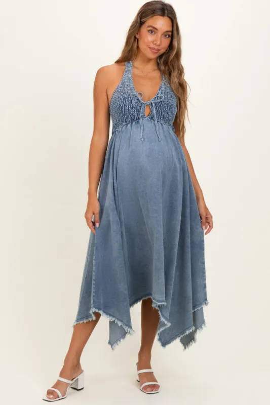 Light Denim Smocked Halter Handkerchief Maternity Dress made by Flying Tomato