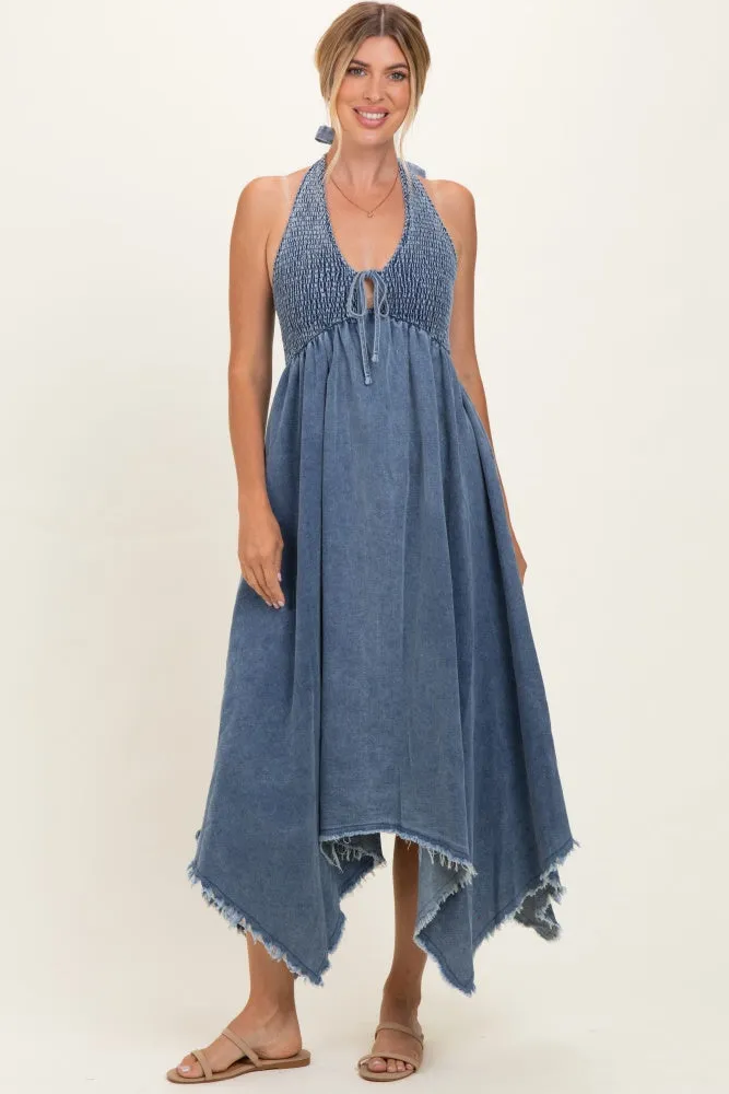 Light Denim Smocked Halter Handkerchief Maternity Dress sold by Pinkblush product image thumbnail 5
