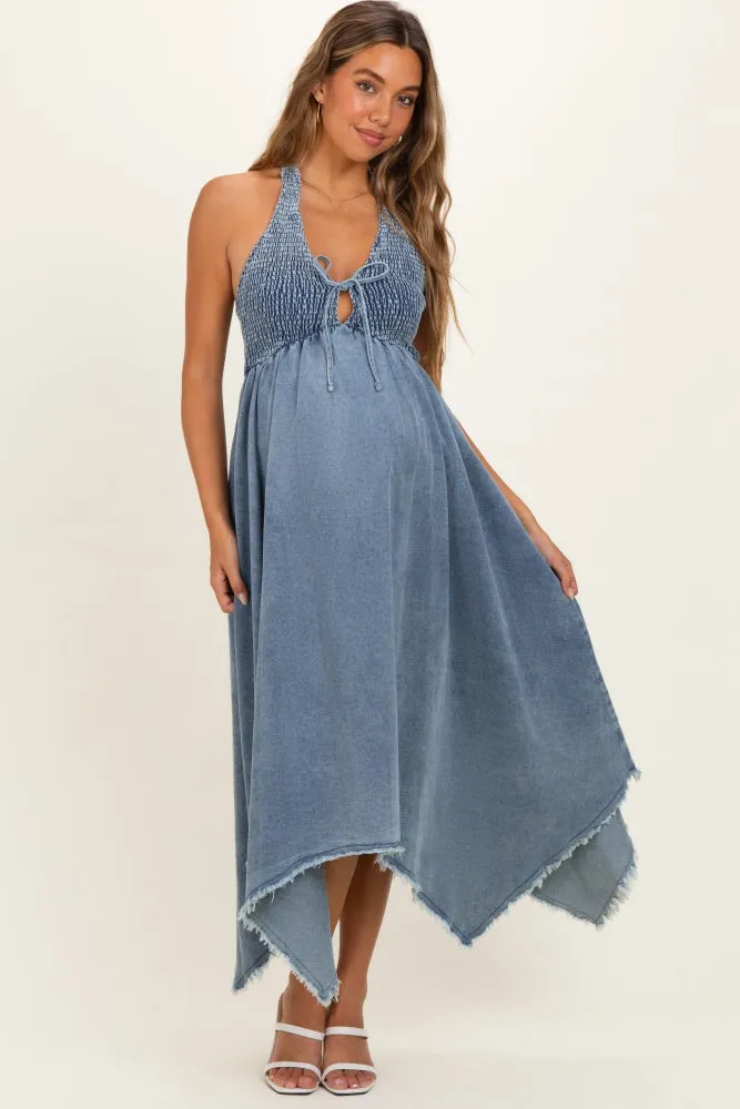 Light Denim Smocked Halter Handkerchief Maternity Dress sold by Pinkblush product image thumbnail 2