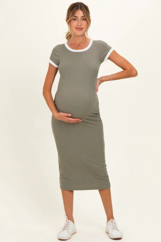 Faded Olive Colorblock Trim Maternity Midi Dress made by Pinkblush