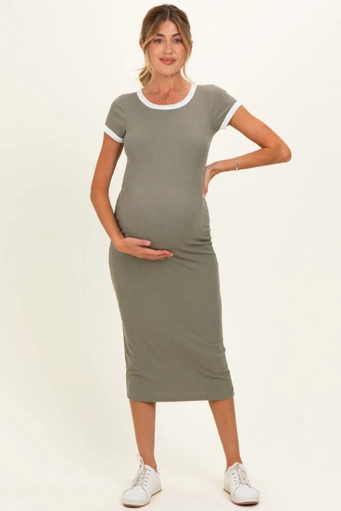 Faded Olive Colorblock Trim Maternity Midi Dress sold by Pinkblush