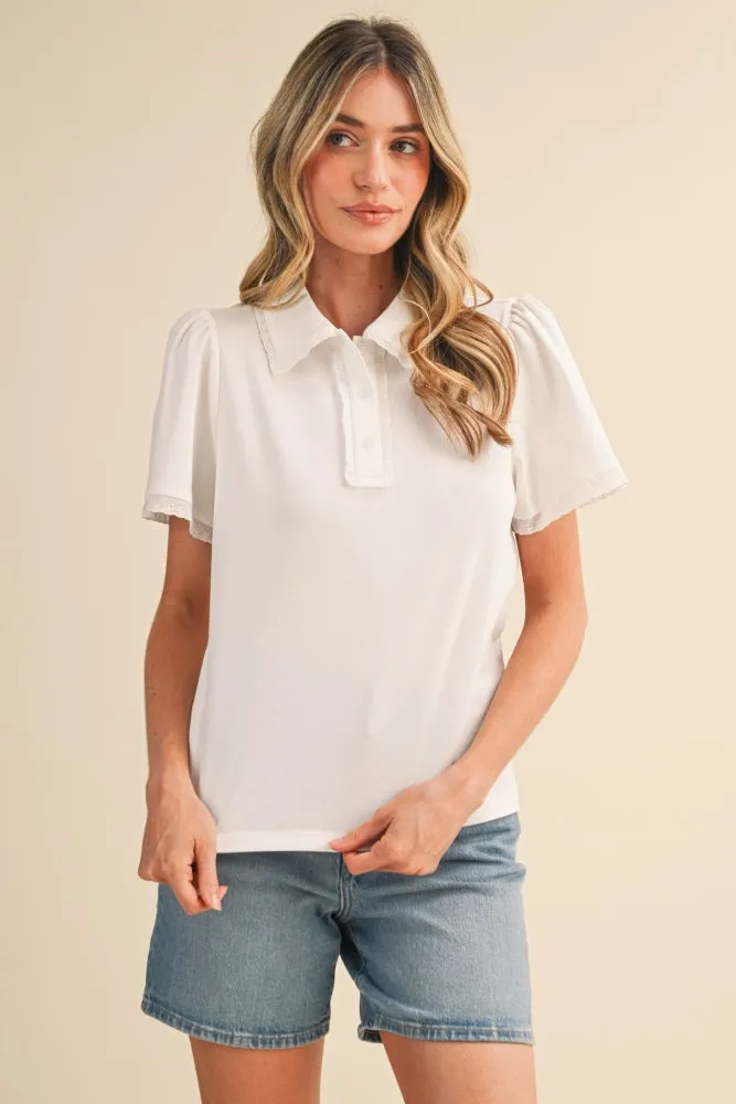 White Lace Trim Polo Shirt sold by Pinkblush
